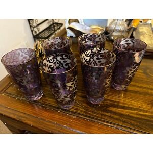 Set of 6 Amethyst Gold Swirl Tumbler Glasses Vintage Barware Drinkware
